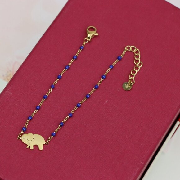 Charming Yellow Gold Plated Elephant Bracelet with Blue Beads, XPBL0621 - Picture 10 of 11